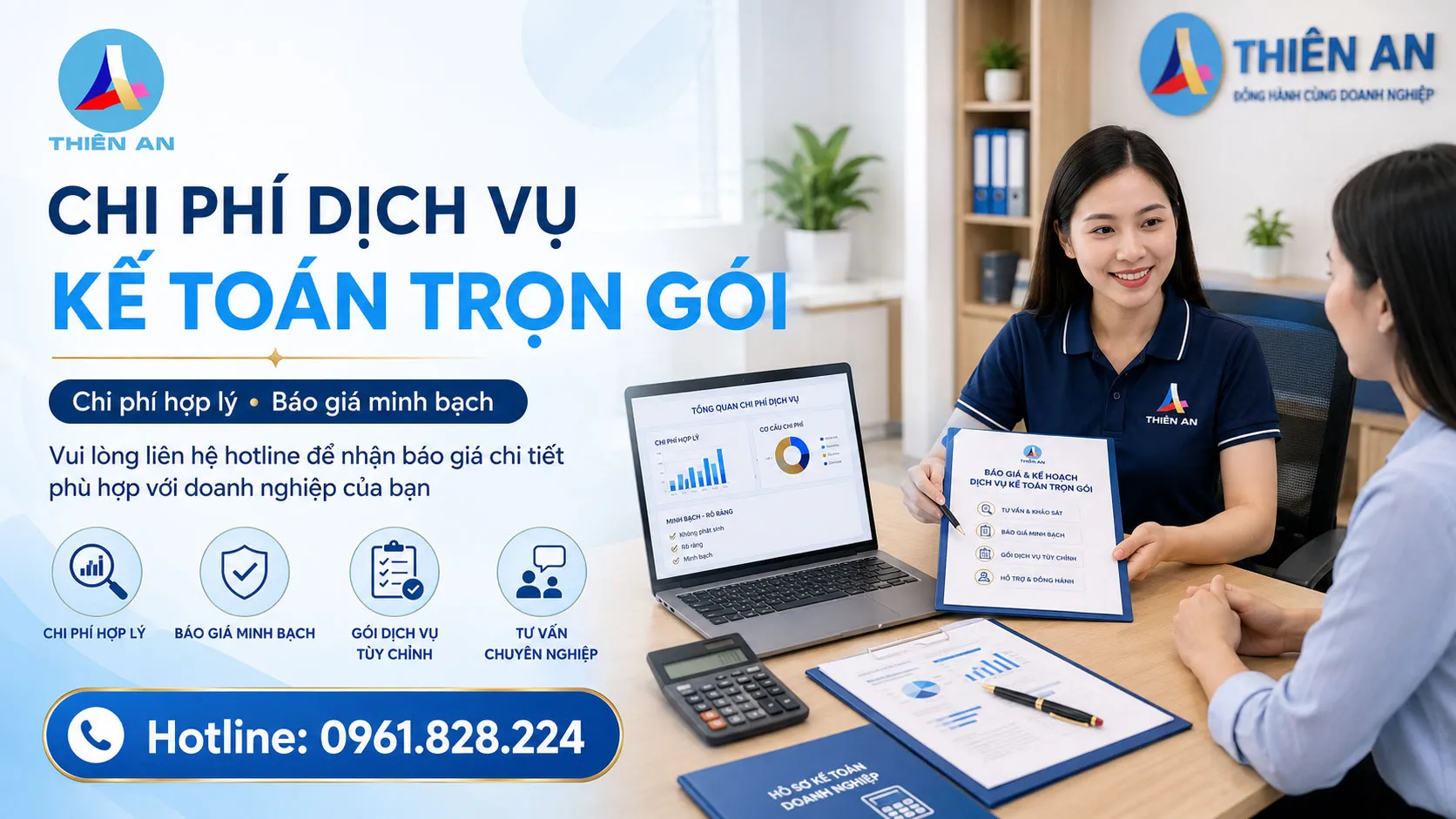 Chi phí dịch vụ kế toán trọn gói được Thiên An tư vấn linh hoạt theo quy mô, ngành nghề và nhu cầu thực tế của từng doanh nghiệp, đảm bảo hợp lý, minh bạch và tiết kiệm